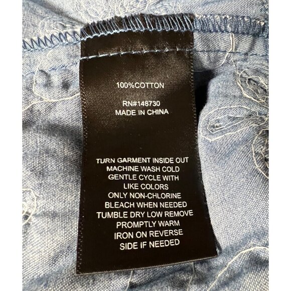 eci NY Embroider Denim Blue Jean Mini Dress Size 10 Round Neck Ruffled Cute - Picture 10 of 10